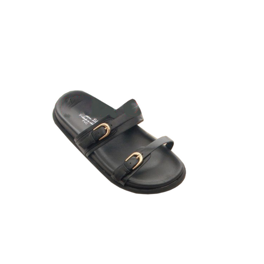 Ladies Two Buckle Strap Summer Slide Black