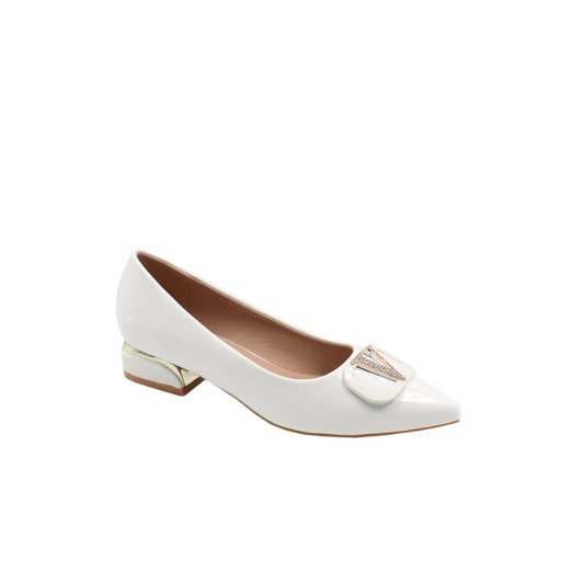 Ladies Low Block Heel Pointed Toe Shoe – White